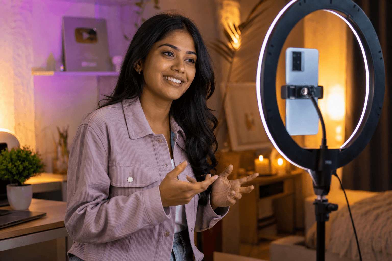 Indian content creator filming in a modern studio