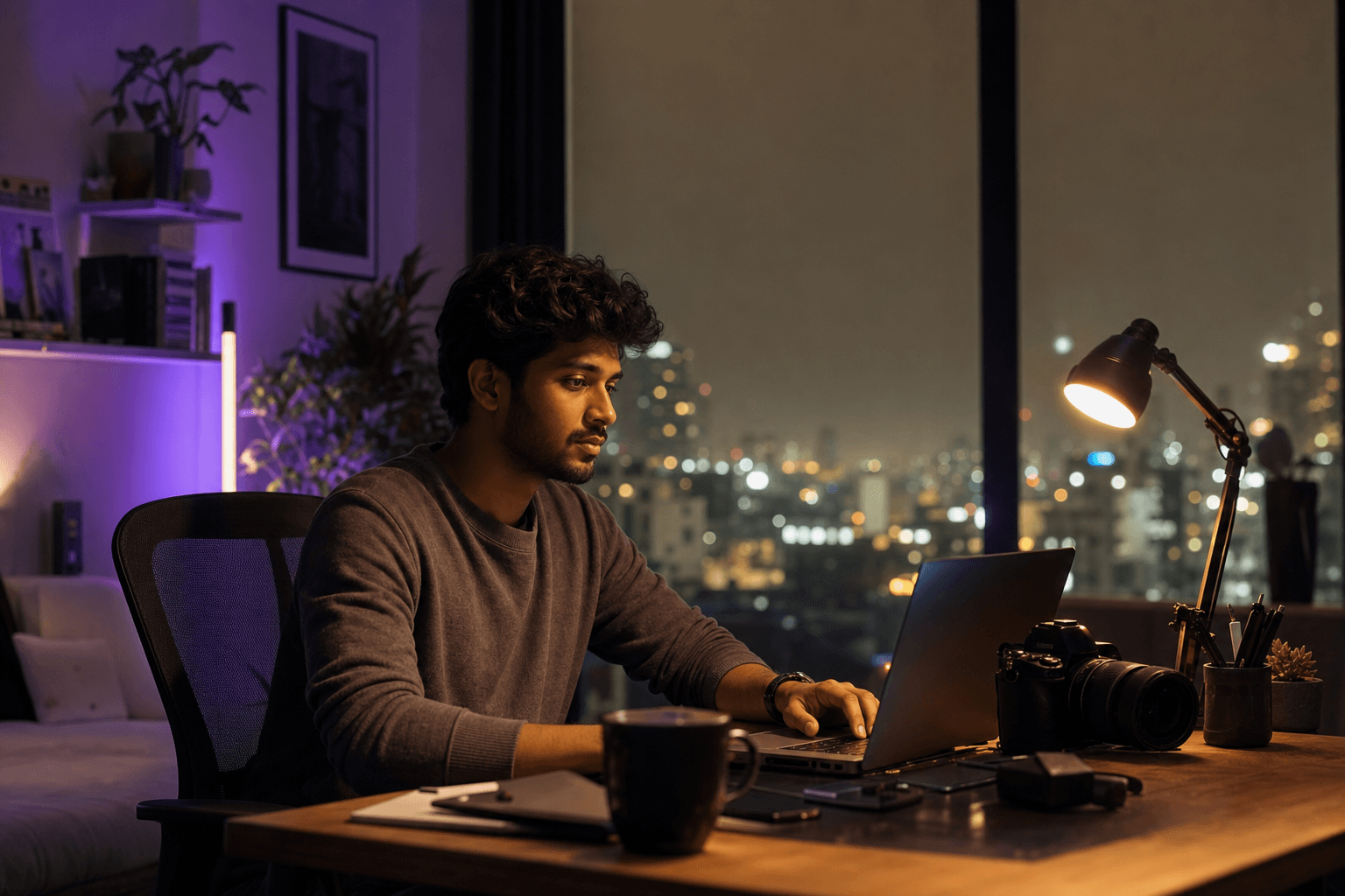 Indian creator workspace at night